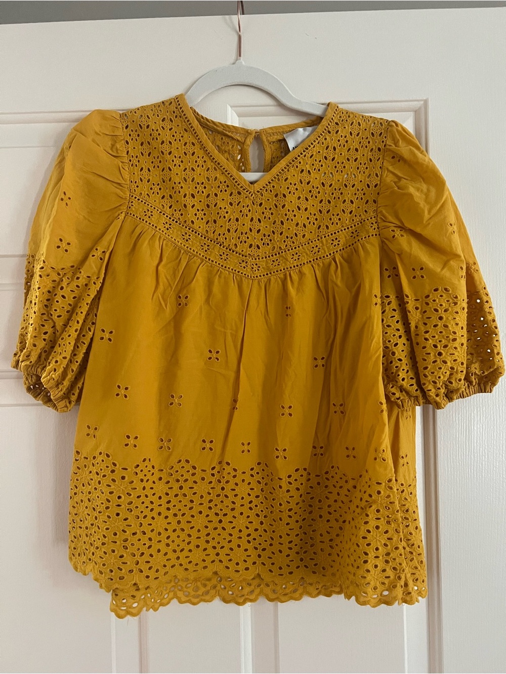 Mustard Eyelet Puff-Sleeve Women’s Top